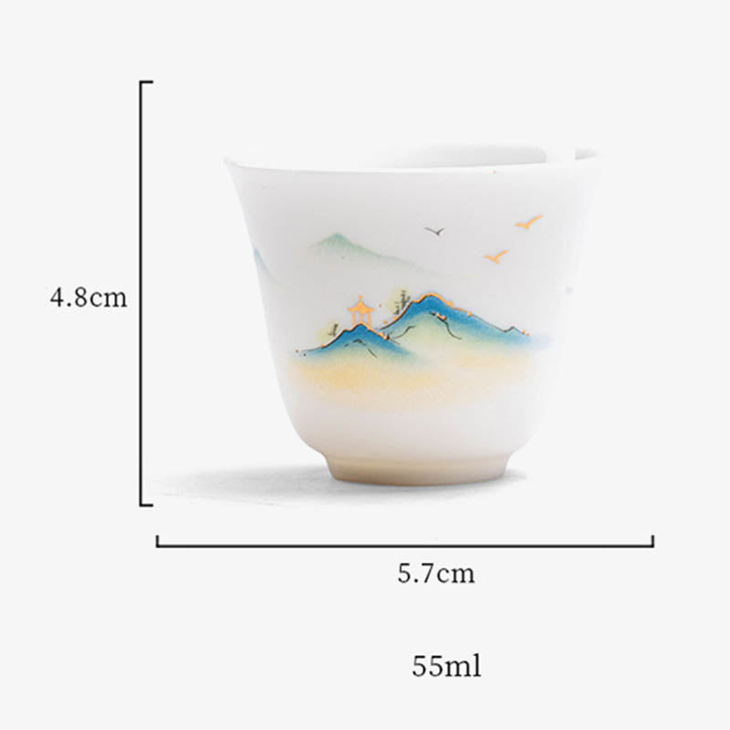 Ceramic Kung Fu Tea Cup – gold-accented mountain peaks with pavilion on white background, refined, luxurious detail