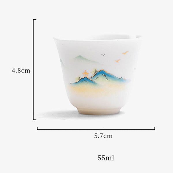 Ceramic Kung Fu Tea Cup – gold-accented mountain peaks with pavilion on white background, refined, luxurious detail
