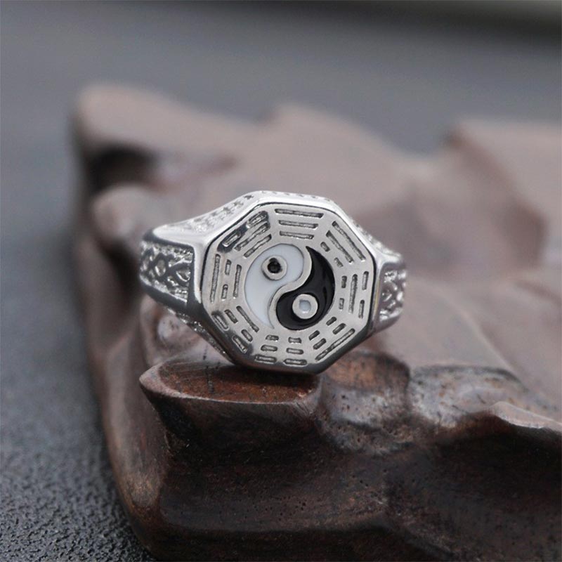 Yin Yang Copper Luck Ring - Silver ring with yin-yang bagua on wood stand, men's spiritual ring