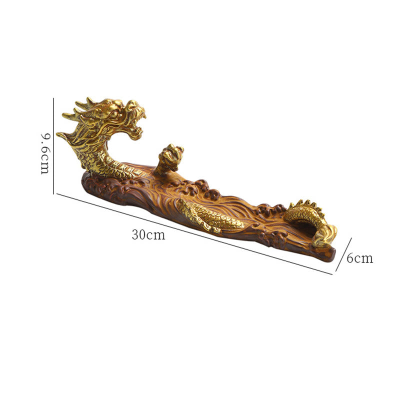 Dragon Protection Incense Burner – elevated three-quarter view on white, gold dragon wave base, decorative art