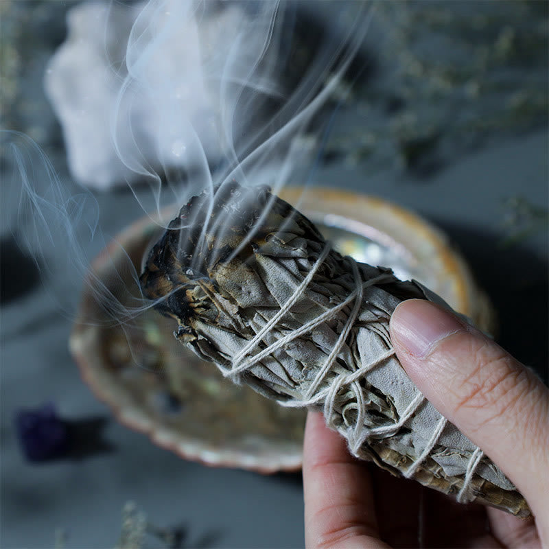 Hand holding lit sage smudge stick with smoke rising over abalone shell