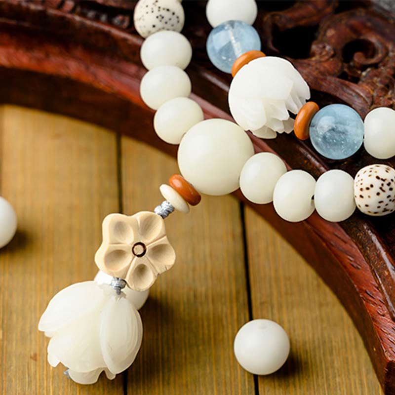 Tibetan White Jade Bodhi Lotus Blessing Bracelet | Enlightenment