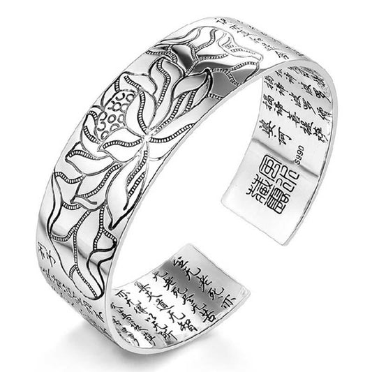 Tibetan Lotus White Copper Luck Bracelet - Silver cuff with engraved lotus flower on neutral background, Purity symbol