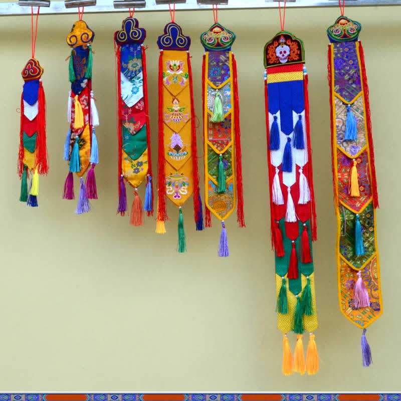 Lotus Auspicious Wall Art – Seven Tibetan Buddhist prayer banners with silk tassels, Spiritual decor