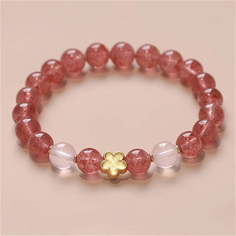 Strawberry Quartz Peach Blossom PiXiu Bracelet – pink quartz beads with gold flower charm on beige, love jewelry