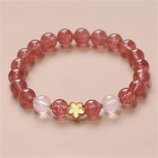 Strawberry Quartz Peach Blossom PiXiu Bracelet – pink quartz beads with gold flower charm on beige, love jewelry