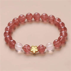 Strawberry Quartz Peach Blossom PiXiu Bracelet – pink quartz beads with gold flower charm on beige, love jewelry