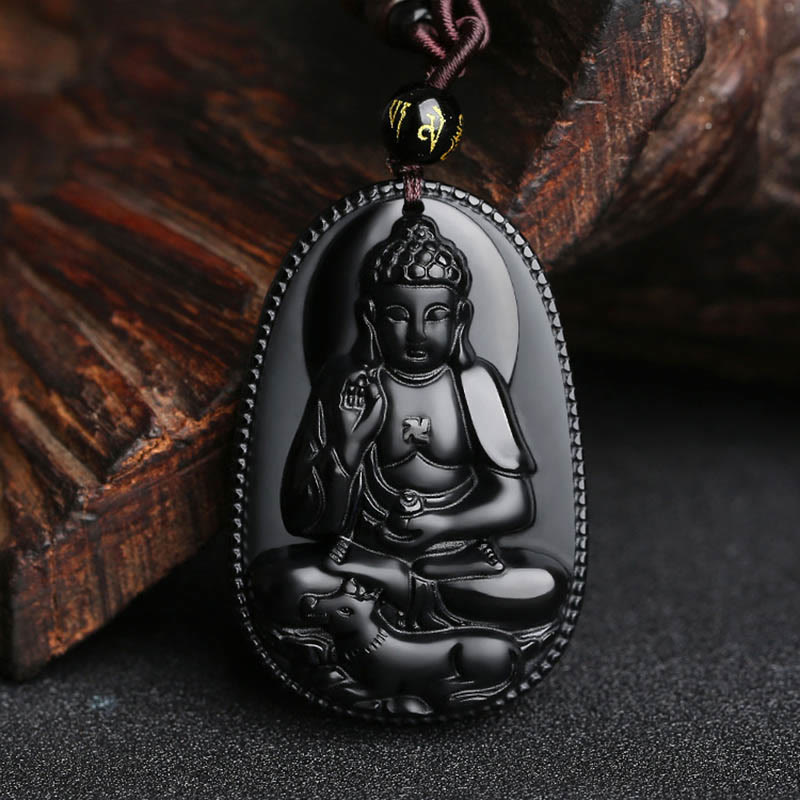 Chinese Zodiac Buddha Black Obsidian Necklace – Buddha Stones natal Buddha meaning card with gold deity illustration and zodiac protection symbolism, gift insert