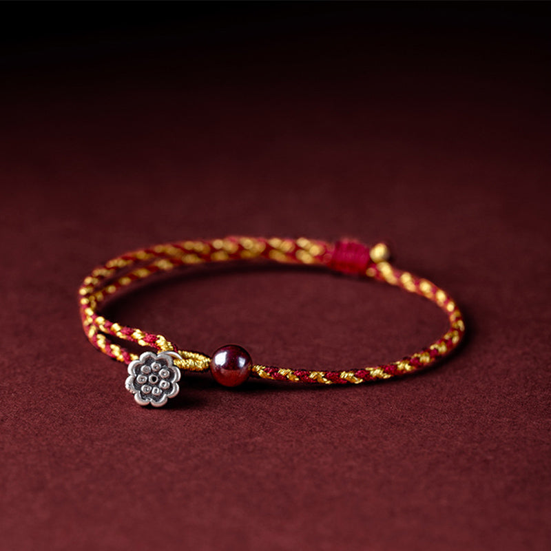 Red Gold Rope Lotus Braid Bracelet - silver flower charm and dark bead detail, braided jewelry