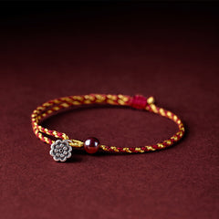 Red Gold Rope Lotus Braid Bracelet - silver flower charm and dark bead detail, braided jewelry