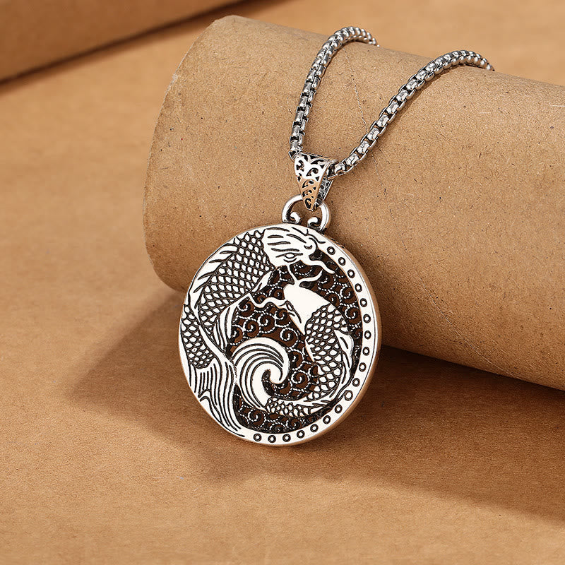 Tibetan Copper Koi Fish Healing Necklace – flat lay display, healing gemstone accents