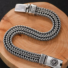 Om Mani Padme Hum Braid Bracelet – Overhead braided chain detail, Greek key clasp, steel