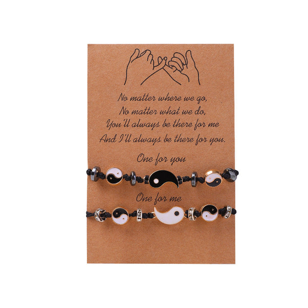 Yin Yang Hematite Bracelet - Black & white beaded pair on kraft card with pinky promise poem