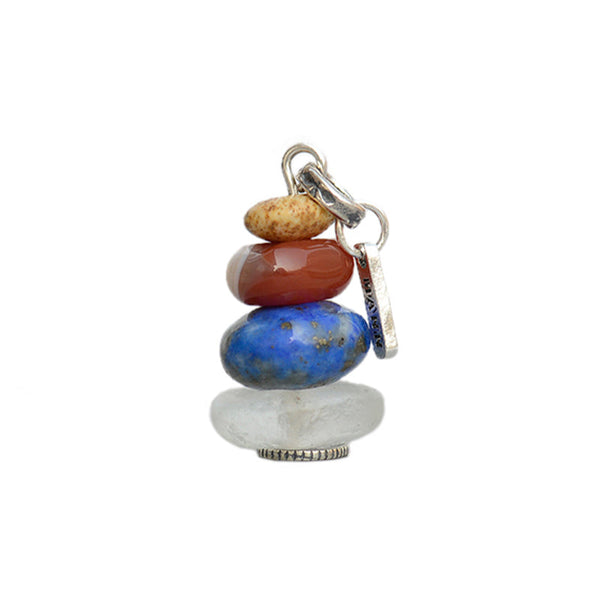 Zen Cairn Crystal Pendant – cobalt blue lapis carnelian cream stacked stone charm on white, crystal pendant