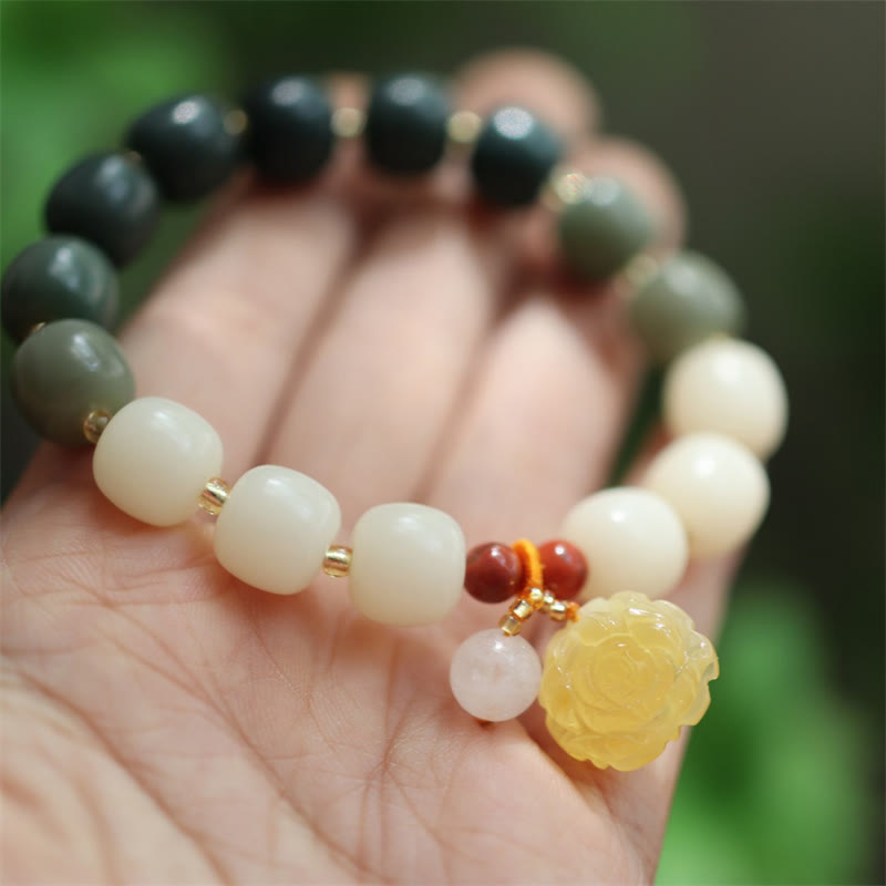 Gradient Bodhi Seed Amber Lotus Bracelet – sage-to-cream gradient beads with gold floral charm, Soothing