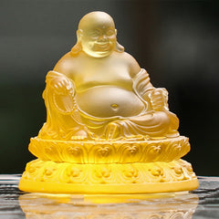 Liuli Crystal Laughing Buddha Figurine – Joyful Buddha pose on ornate base, feng shui wealth charm