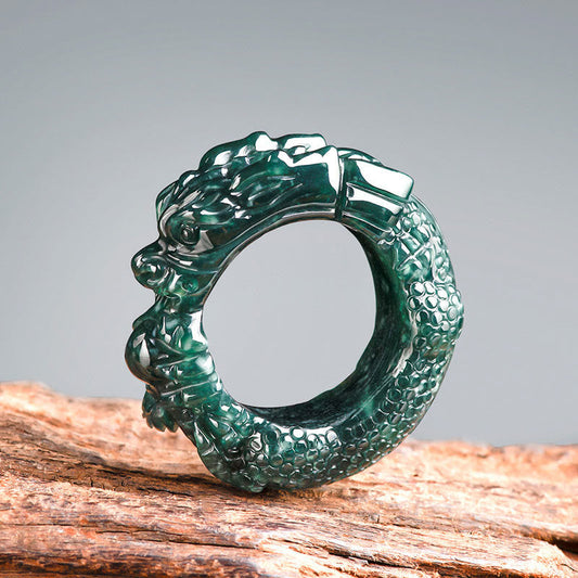 Natural Cyan Jade Dragon Ring three-quarter view, carved scales, gray gradient background, prosperity ring
