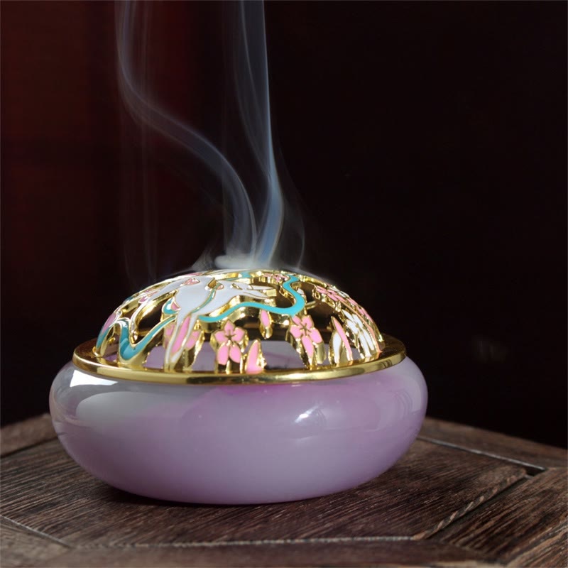 Purple Nine-Tailed Fox Incense Burner - Smoke rising with cherry blossom lid on dark wood, liuli censer