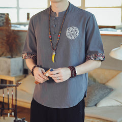 Dragon Embroidery Frog-Button Linen Tang Suit Shirt - Gray with cloud embroidery and paisley cuffs, cultural