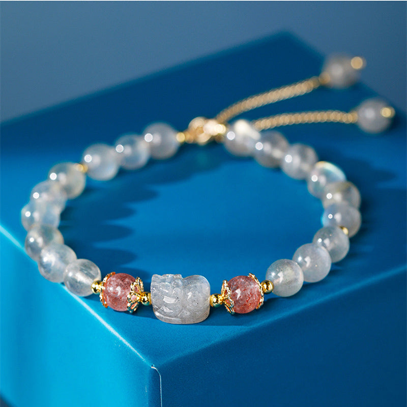 Moonstone PiXiu Bracelet – gray moonstone beads pink quartz blue display, calming jewelry