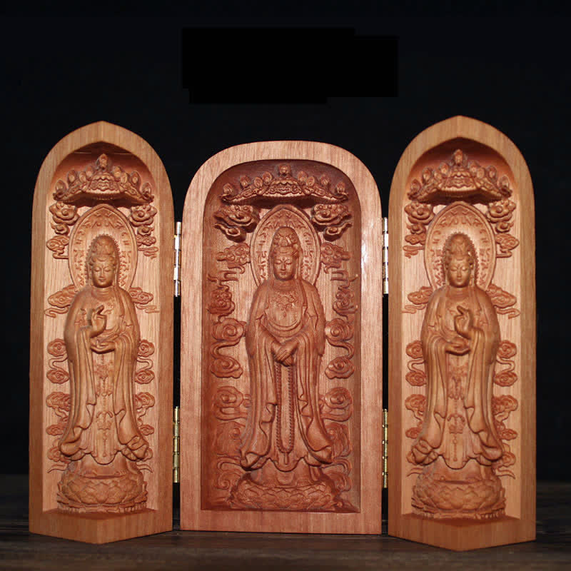 Avalokitesvara Detail – flowing robe carving, cherry wood art