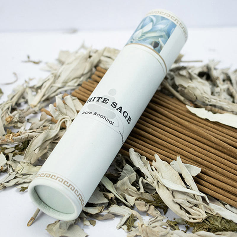 White Sage Incense Sticks - diagonal tube with sage herb scatter, aromatic