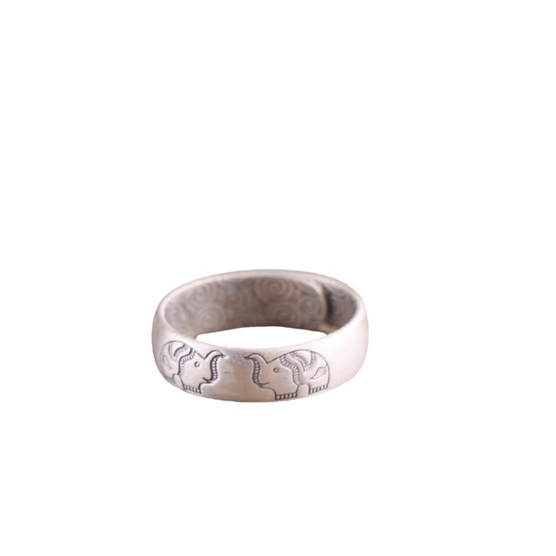 Sterling Silver Elephant Ring - elephant motif on white, matte oxidized silver band