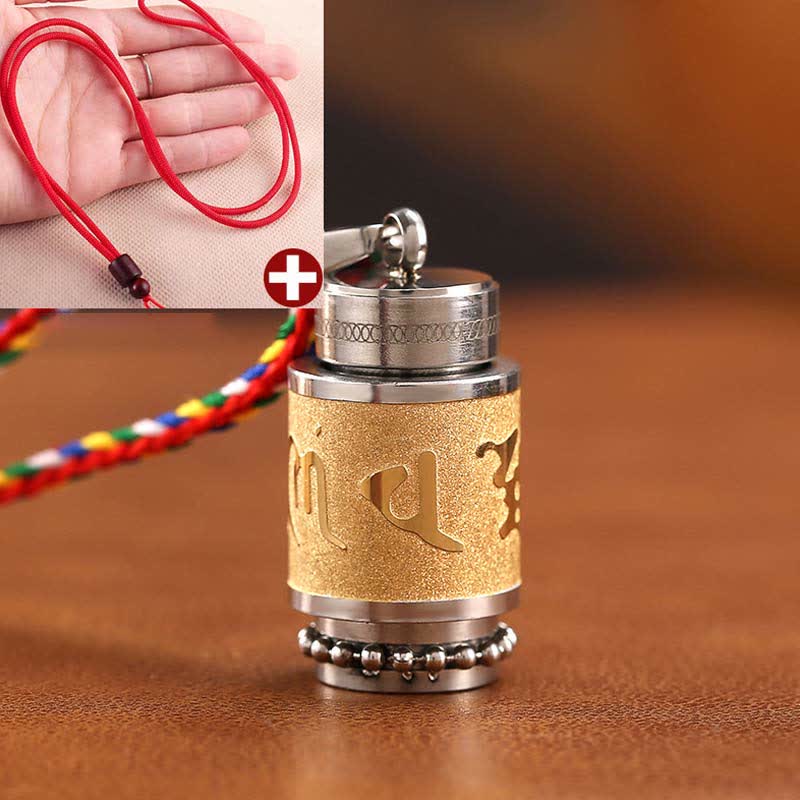 Om Mani Padme Hum Amulet – Gold pendant with red bead cord, hand model, Buddhist amulet