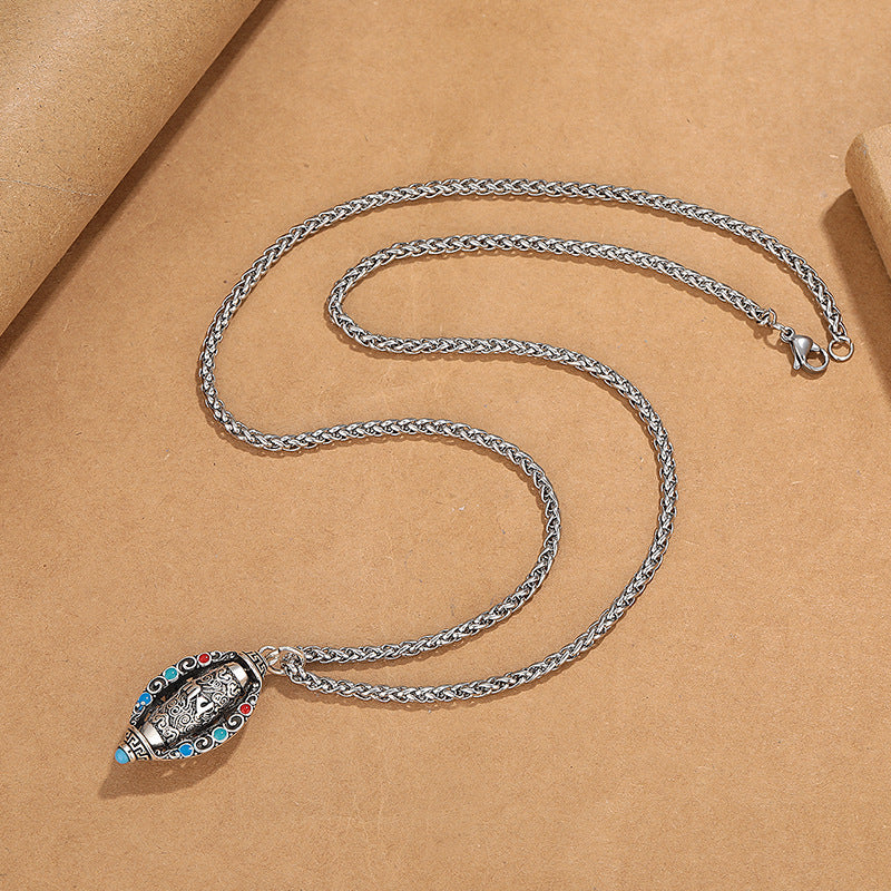 Om Mani Padme Hum Pendant Necklace – Flat lay with lobster clasp and stone-studded copper amulet, Tibetan jewelry