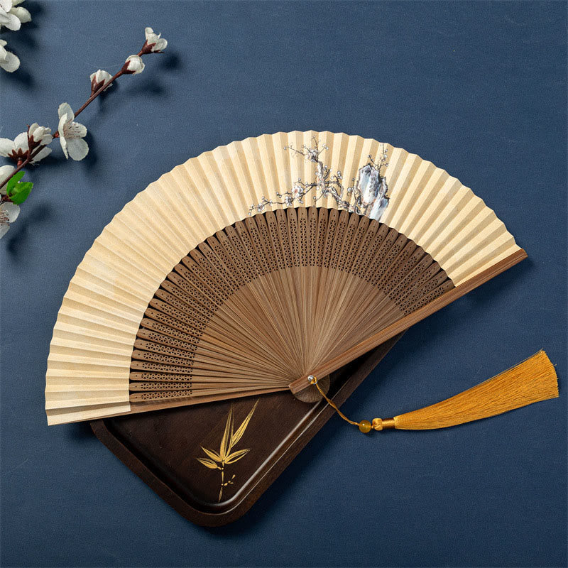 Lotus Dragonfly Wild Geese Silk Bamboo Folding Fan - three overlapping fans with crane geese and plum designs