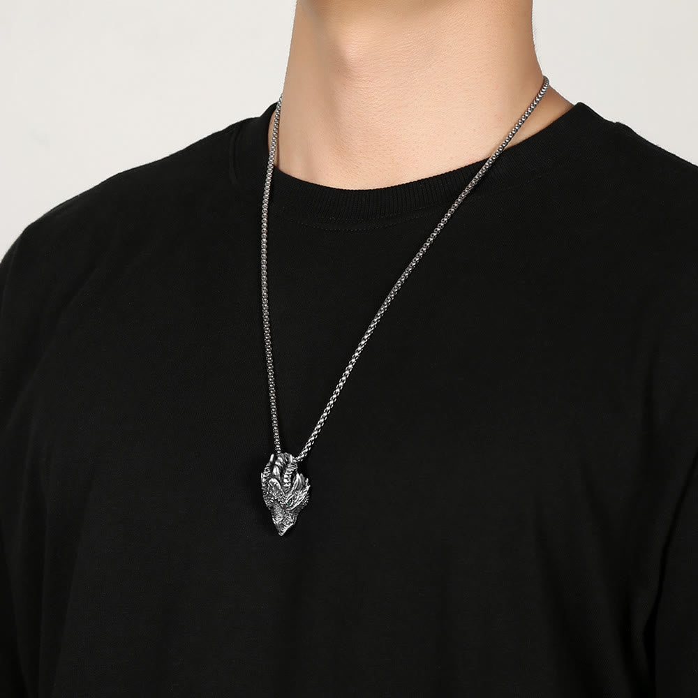Pure Tin Dragon Head Necklace - Detailed wolf head pendant on model, Cuban link chain, bold statement