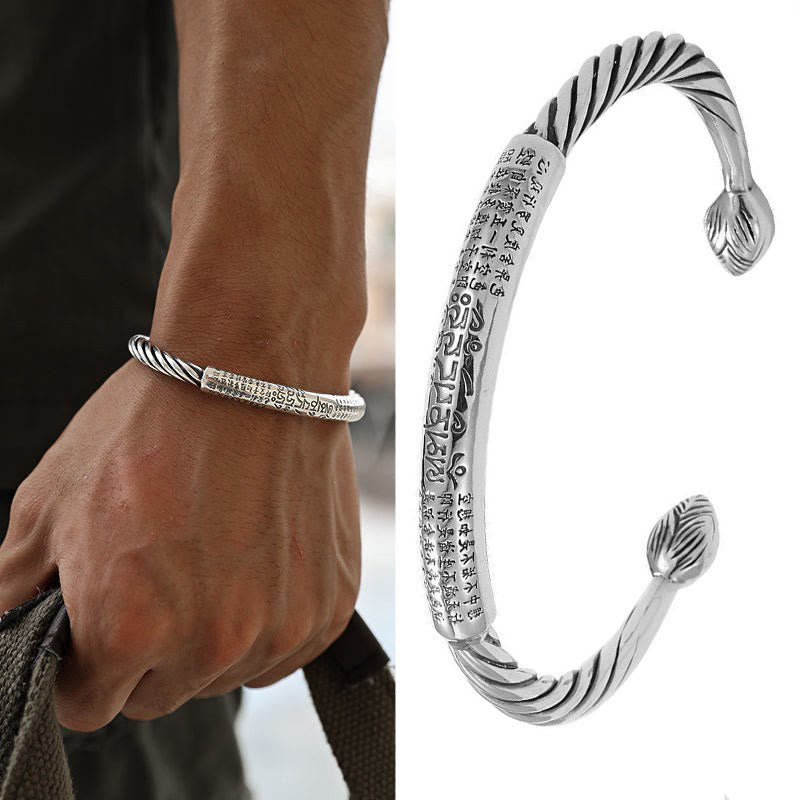 Tibetan Heart Sutra Cuff Bracelet – split view showing worn lifestyle and white background studio shot