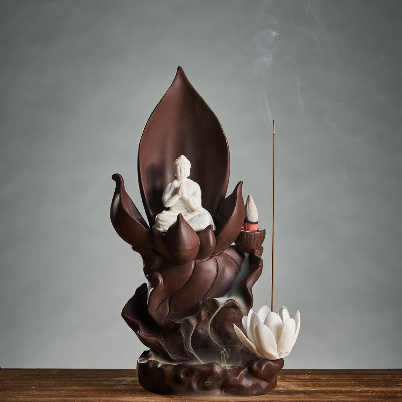 Lotus Buddha Avalokitesvara Purple Clay Incense Burner – back view of smoke vent holes, Buddhist ritual burner