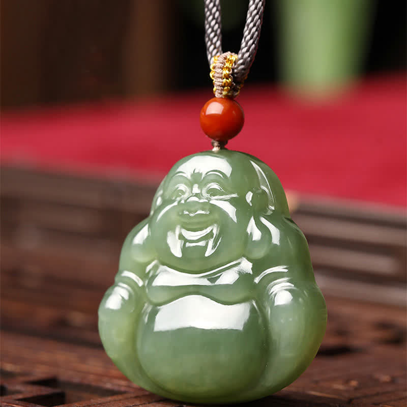 Hetian Jade Laughing Buddha Abundance String Necklace Pendant – red silk background contrast, auspicious lucky charm