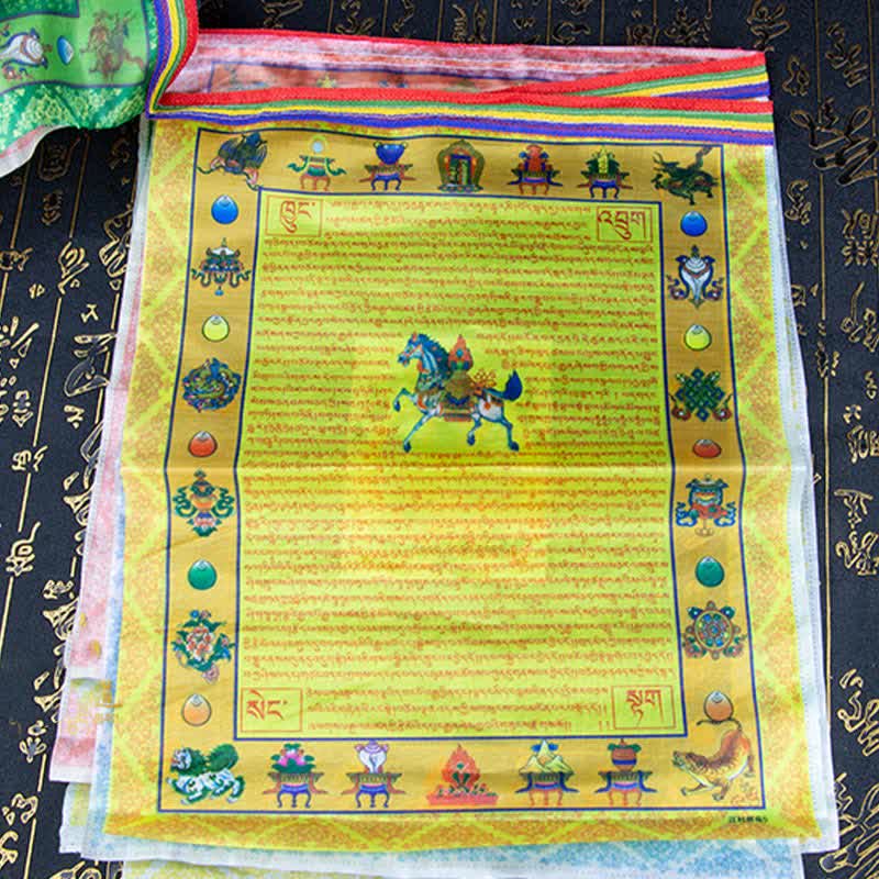 Tibetan Prayer Flag 5 Colors Windhorse Outdoor – Multiple rows of flags creating colorful outdoor curtain, blessing space