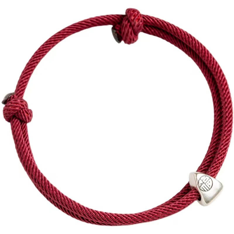 925 Silver Fu Character Braided Bracelet – Red braided cord bracelet with silver geometric bead and adjustable knot closure on white background, product photography