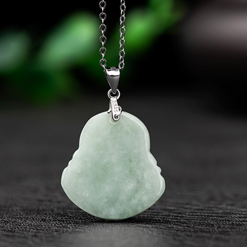 Jade Laughing Buddha Blessing Necklace – 925 silver bail closeup, silhouetted Maitreya form, natural jade texture