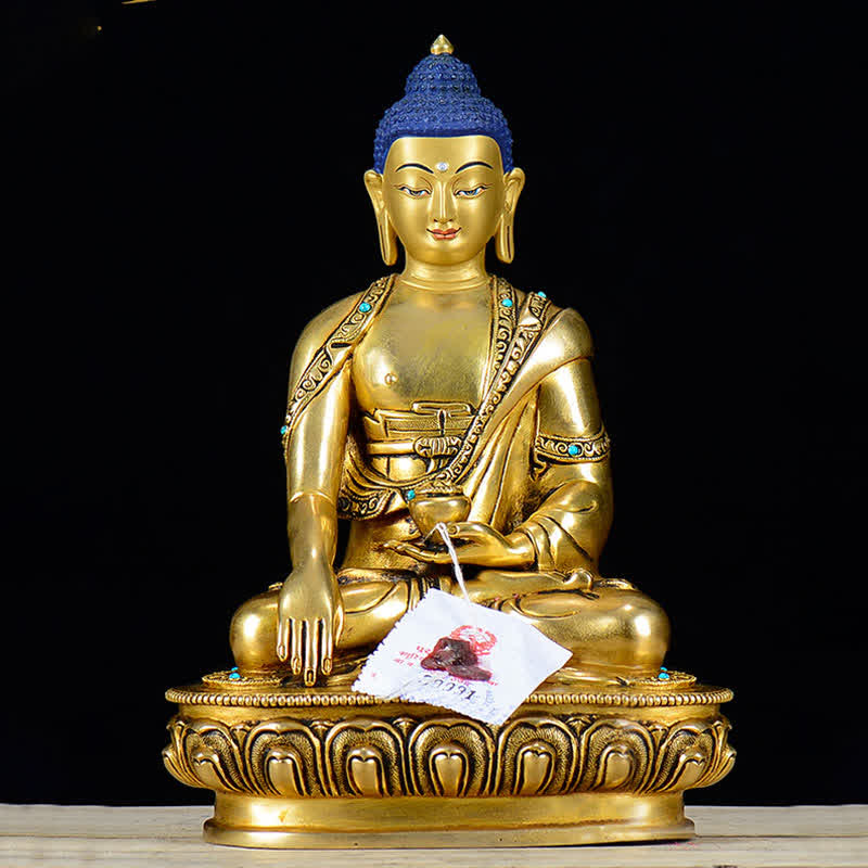 Shakyamuni Compassion Copper Buddha Statue Home Decoration – wooden shelf plant candle, zen living room altar