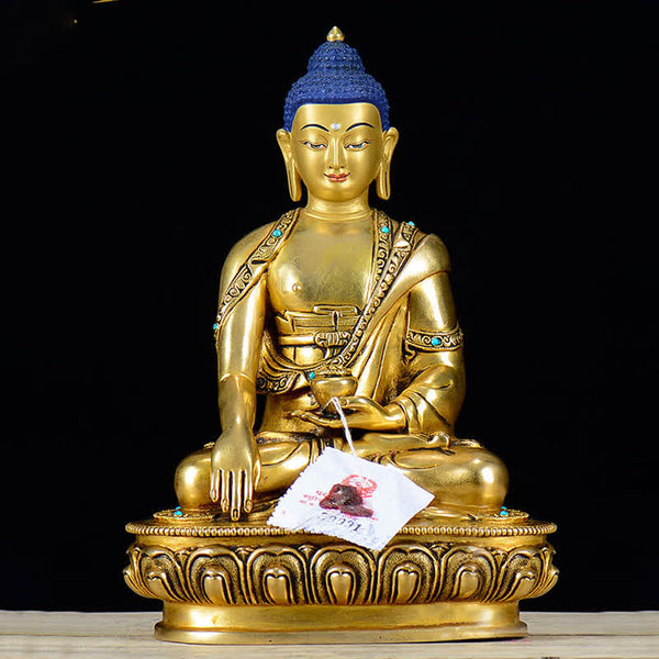 Shakyamuni Compassion Copper Buddha Statue Home Decoration – wooden shelf plant candle, zen living room altar