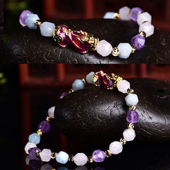 Natural Amethyst Pixiu Bracelet – dual image on black stone dark background, amethyst bracelet two angles display