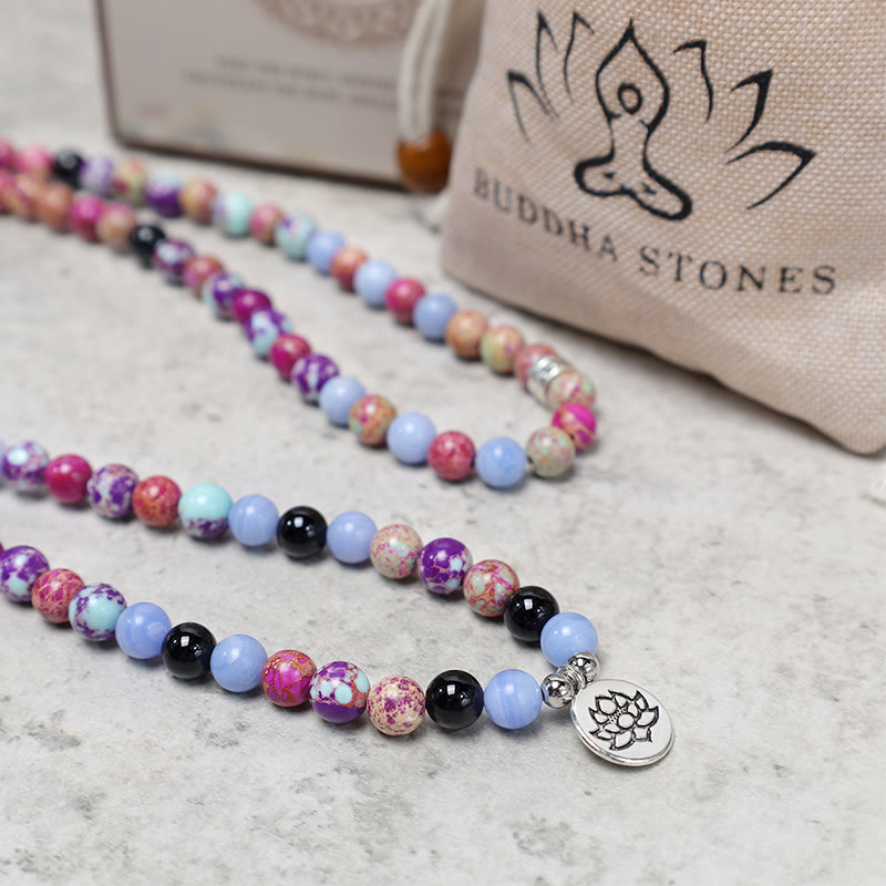 Purple Miano Real Stone Lotus Mala – 108 beads with silver lotus pendant and gift pouch, spiritual blessing