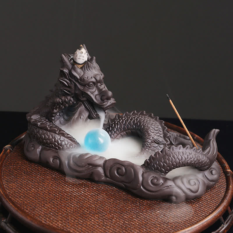 Dragon Incense Burner - coiled purple clay dragon with smoke waterfall, blue orb, meditative
