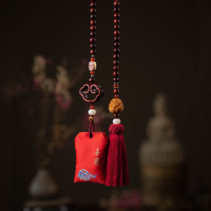 Red Sandalwood Car Hanging – Paired ornaments with joy blessing pouch and carved lotus tassel on sandalwood bead strands