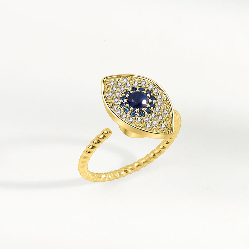 Evil Eye Rotatable Ring – Gold adjustable evil eye ring with blue gemstone, pave crystals, open band