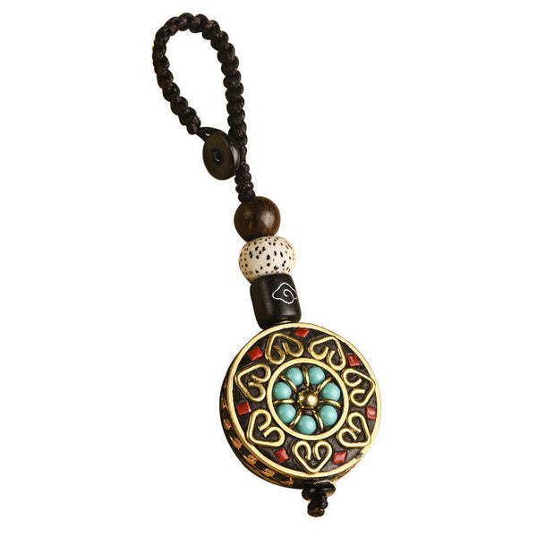Tibetan Bodhi Seed Peace Key Chain – Gold Tibetan mantra on turquoise medallion with rudraksha bead, spiritual amulet