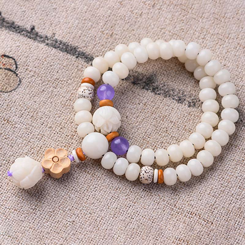 Tibetan White Jade Bodhi Lotus Blessing Bracelet | Enlightenment