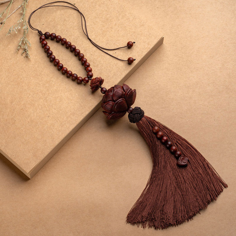Red Sandalwood Lotus Tassel - dual carved lotus pendants on rearview mirror, protection