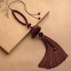 Red Sandalwood Lotus Tassel - dual carved lotus pendants on rearview mirror, protection