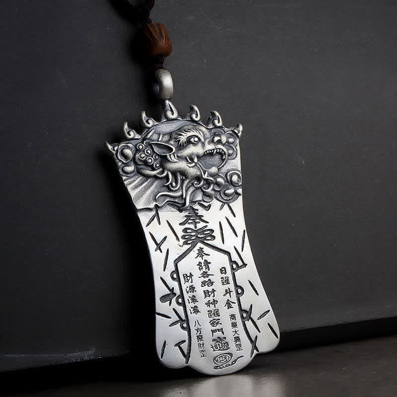 Bagua PiXiu Necklace – Front silver PiXiu talisman on dark background, red cinnabar inscriptions, power pendant