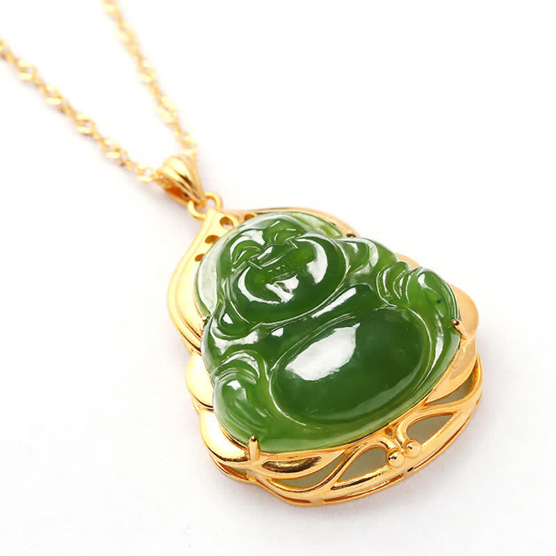 925 Silver Hetian Cyan Jade Laughing Buddha 18K Gold Necklace – back silver frame maker mark, authenticated fine jewelry